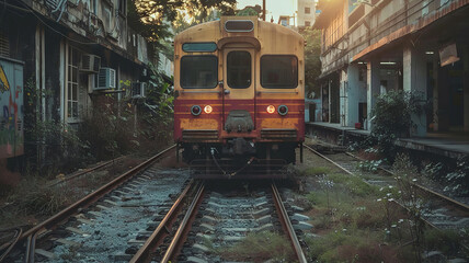 Obraz premium Abandoned Train on Overgrown Tracks at Sunset: Urban Decay and Natural Resurgence