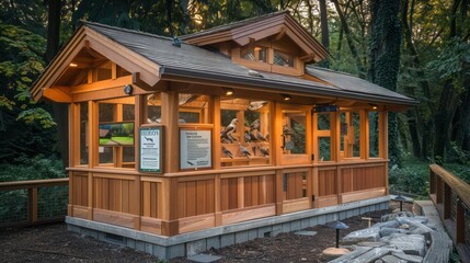 Fototapeta premium handcrafted wooden Craftsman-style bird observatory, featuring secluded viewing areas and information on local bird species, designed for bird lovers and ornithologists