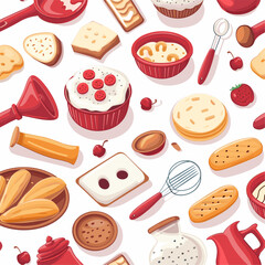 Seamless pattern of baking ingredients, tools, and finished goods. Bakery, cooking, and kitchen design.