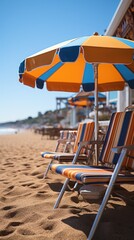 a beach with lounge chairs and an umbrella that says  beach .