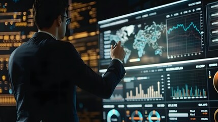 A business professional presenting trading data on a large screen, with various graphs and graphics illustrating market performance and projections