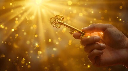 A close-up of a hand grasping a shining golden key, representing the concept of grabbing a unique opportunity, with a bright, radiant backdrop