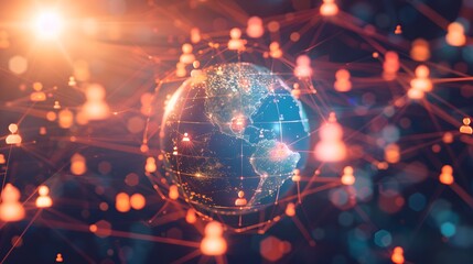 Obraz premium A digital globe with illuminated connections between continents, showcasing global population growth and collaboration in a bright and futuristic style