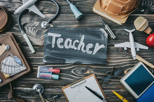 Capture the essence of education with this vibrant image featuring various industries surrounding a central "Teacher" board. Perfect for celebrating Happy Teacher's Day