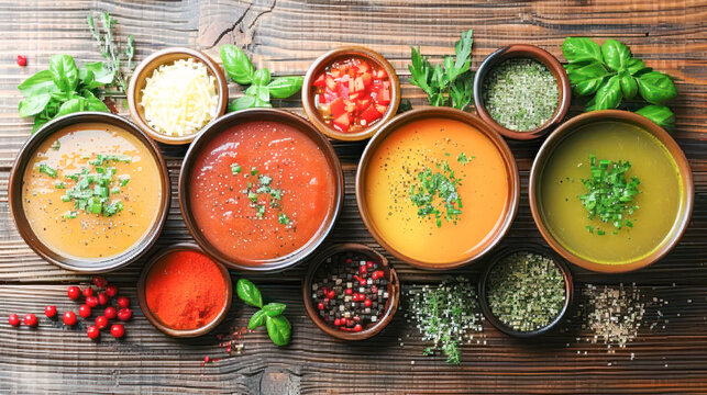 different cream soups in bowls