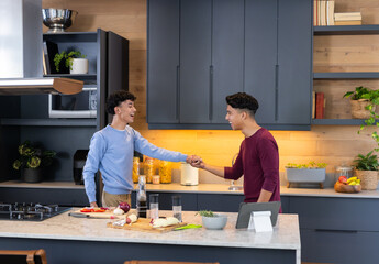Preparing meal, male gay couple smiling and shaking hands in modern kitchen, copy space