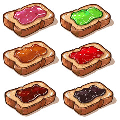 Set of six cartoon toasts with different jams and jellies