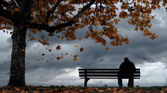 A person sitting alone on a park bench under a cloudy sky, head bowed and shoulders slumped, with autumn leaves scattered around