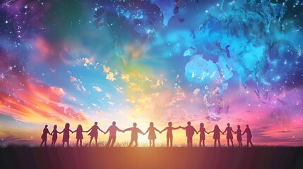 Silhouettes of people from around the world joining hands in a circle under a vibrant, colorful sky, representing global unity and the interconnectedness of humanity
