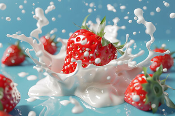 A plump red strawberry splashes into the sky of creamy white milk