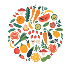 Colorful Illustration of Fruits, Vegetables, and Mushrooms in a Circle