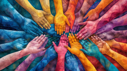 Diverse group of people joining hands in unity and teamwork illustration