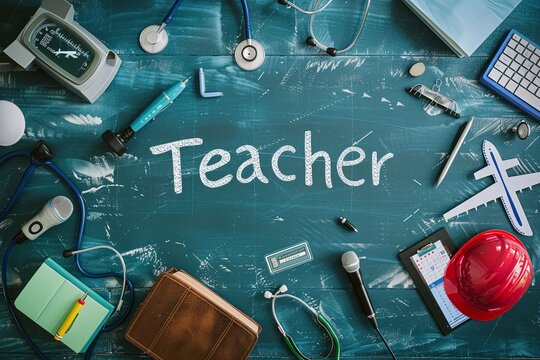 Capture the essence of education with this vibrant image featuring various industries surrounding a central "Teacher" board. Perfect for celebrating Happy Teacher's Day