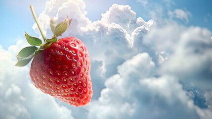 A single, ripe, red strawberry floats against a clear blue sky