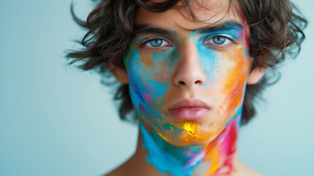 Young male artist posing with paint splatters on face and neck