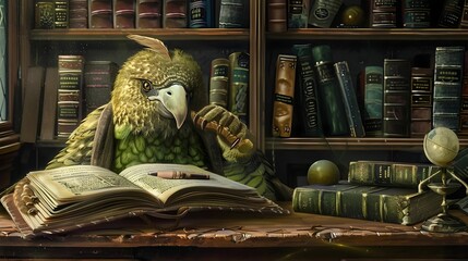 Kakapo in a librarian&rsquo;s outfit, shelving books.