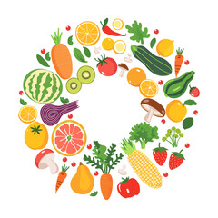 Fresh Fruits and Vegetables in a Circle, Healthy Food Concept