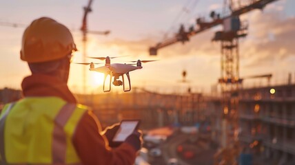 Drone Surveillance Over Construction Site at Sunset with Worker