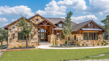 ranch-style home with a blend of stone and wood materials, creating a rustic yet modern look