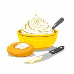 Whipped cream in a bowl with a spoon and a knife next to a pastry with whipped cream.