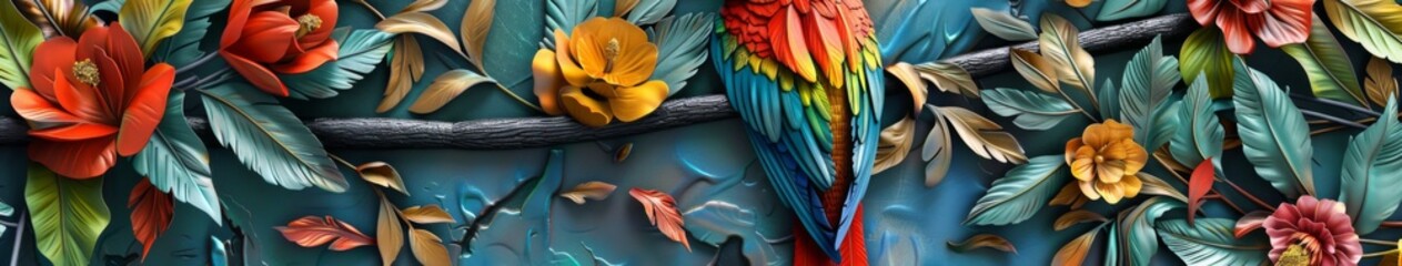 Obraz premium Abstract Exquisite 3D Relief Parrot: A vivid mural illustration that brings the elegance of birds to your space, crafted by artificial intelligence art
