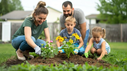 20 Family gardening in a backyard, planting flowers, happy faces, Gardening, Family Time, Nature
