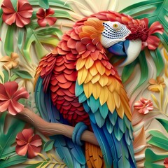 Obraz premium Abstract Exquisite 3D Relief Parrot: A vivid mural illustration that brings the elegance of birds to your space, crafted by artificial intelligence art