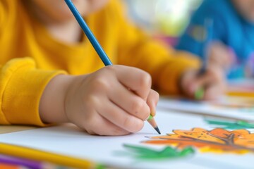 A child in a yellow shirt drawing a colorful picture with a pencil on paper, showcasing creativity and vibrant expression in a classroom or home setting.