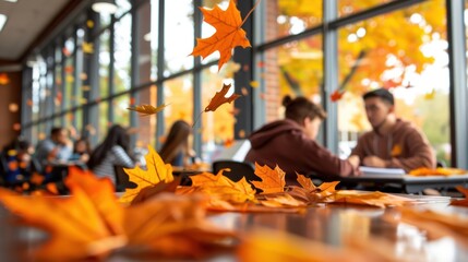 Naklejka premium Autumn leaves falling inside a cozy cafe as people enjoy their coffee and conversations with fall colors visible through large windows.