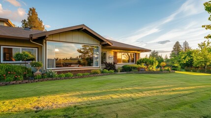 ranch-style house with a large bay window overlooking a meticulously groomed front lawn