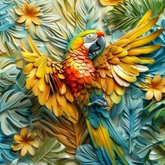 Obraz premium Abstract Exquisite 3D Relief Parrot: A vivid mural illustration that brings the elegance of birds to your space, crafted by artificial intelligence art