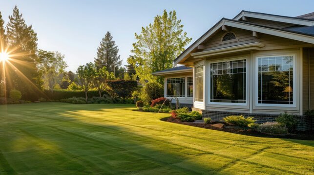 ranch-style house with a large bay window overlooking a meticulously groomed front lawn
