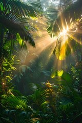 sun rising in a dense rainforest, with the morning light filtering through the thick canopy and illuminating the vibrant flora and fauna