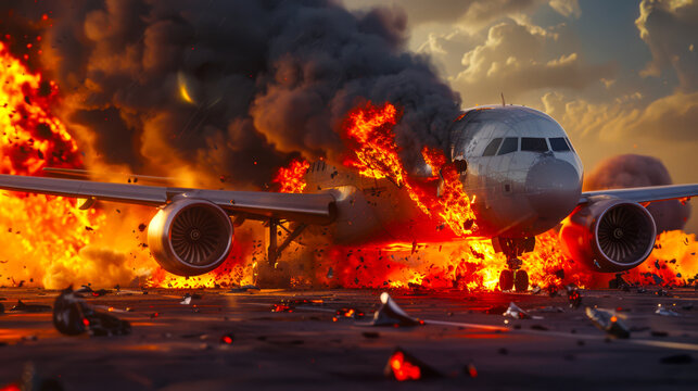 The plane caught fire on the runway. The plane crash. Bright flames and clouds of smoke enveloped the plane. The wreckage of the plane lies all around