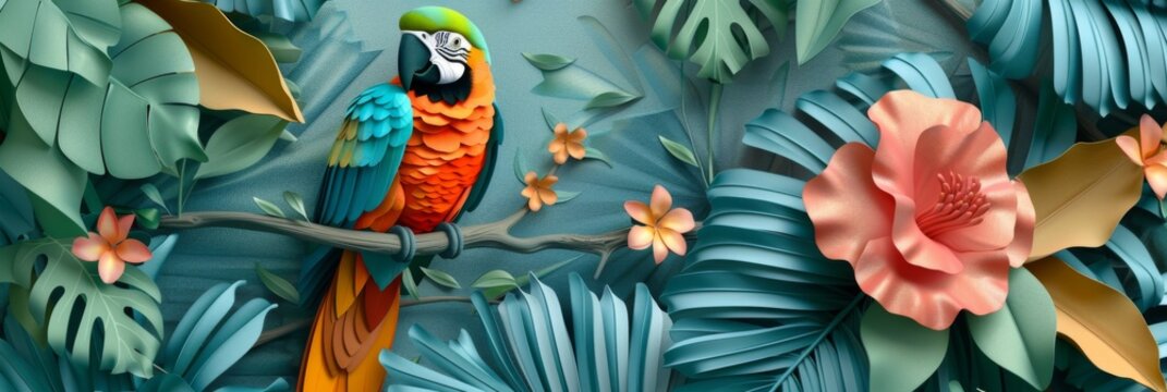 Abstract Exquisite 3D Relief Parrot: A vivid mural illustration that brings the elegance of birds to your space, crafted by artificial intelligence art