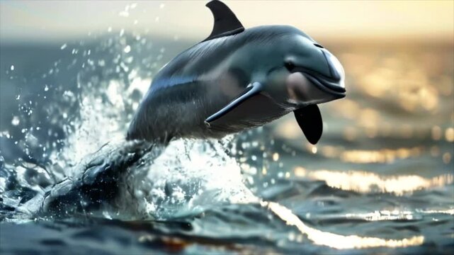 Vaquita jumping out of water, porpoise species in the ocean. Marine mammal on the edge of extinction 