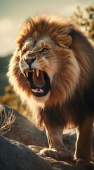 Obraz premium Majestic Lion Roaring On Rocky Terrain Against Sunset