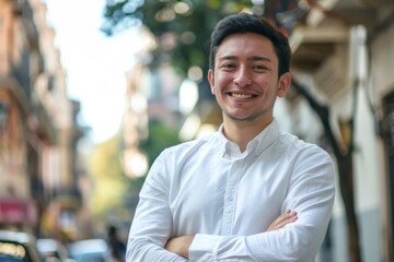 Young hispanic businessman with arms crossed smiling happy at the city