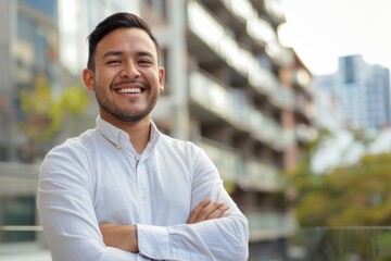 Fototapeta premium Young hispanic businessman with arms crossed smiling happy at the city