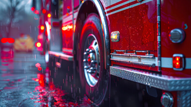 Close-up of a red fire truck driving through the rain. The concept of urgency and danger when a fire truck rushes to extinguish a fire. The rain increases the tension of the scene
