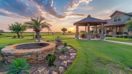 ranch home with a front yard designed for entertainment, featuring a gazebo and a stone barbecue pit