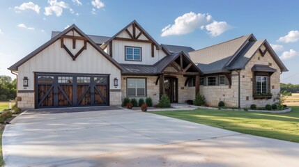 ranch home with a large, barn-style garage door, blending traditional and modern elements