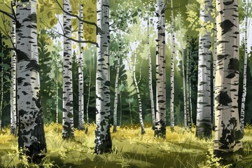 Whimsical Birch Forest Abstract: An enchanting illustration of birch trees set in a magical woodland