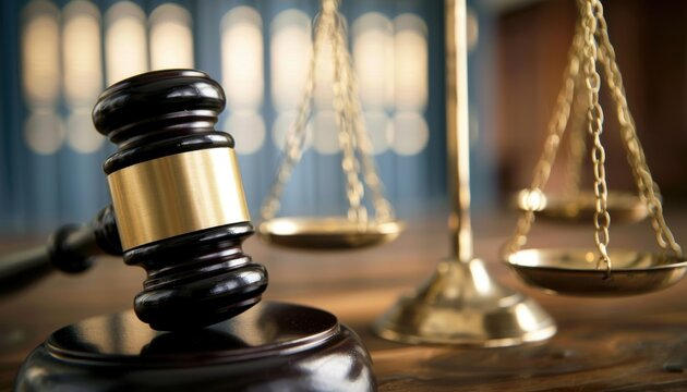 Wooden gavel and scales of justice on a table in a courtroom, symbolizing law, legal decisions, and judicial authority.
