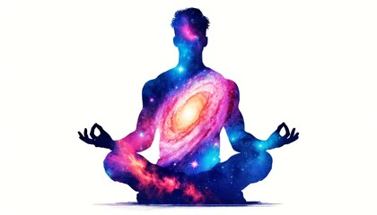 A man is sitting in the middle of a galaxy. He is meditating and his hands are folded