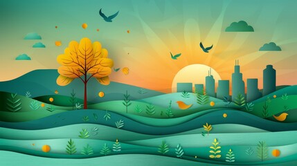 Beautiful natural landscape, energy saving In the background, art style, paper and green tones.