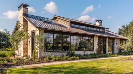 ranch home with a mix of rustic and contemporary styles, featuring a metal roof and large, industrial-style windows