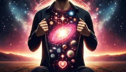 A man is wearing a shirt with a galaxy on it. He is opening his shirt to reveal a heart and a star. The image has a dreamy, surreal quality to it, as if the man is opening a portal to another world