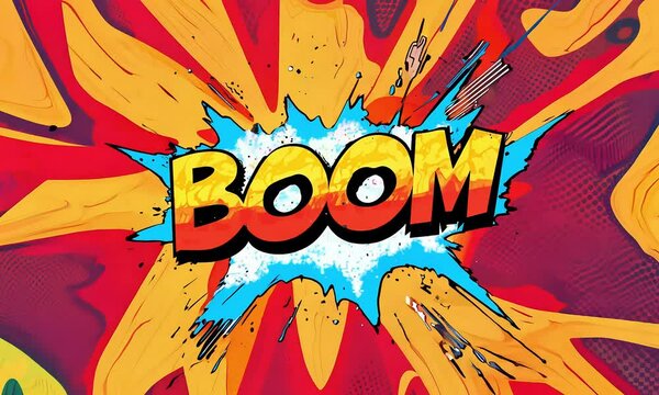 The word 'BOOM' in bold, explosive comic book text appears against an abstract, colorful comic book (mov)