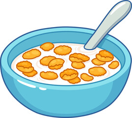 Cornflakes breakfast bowl drawing. Traditional cereal with milk, clip art illustration